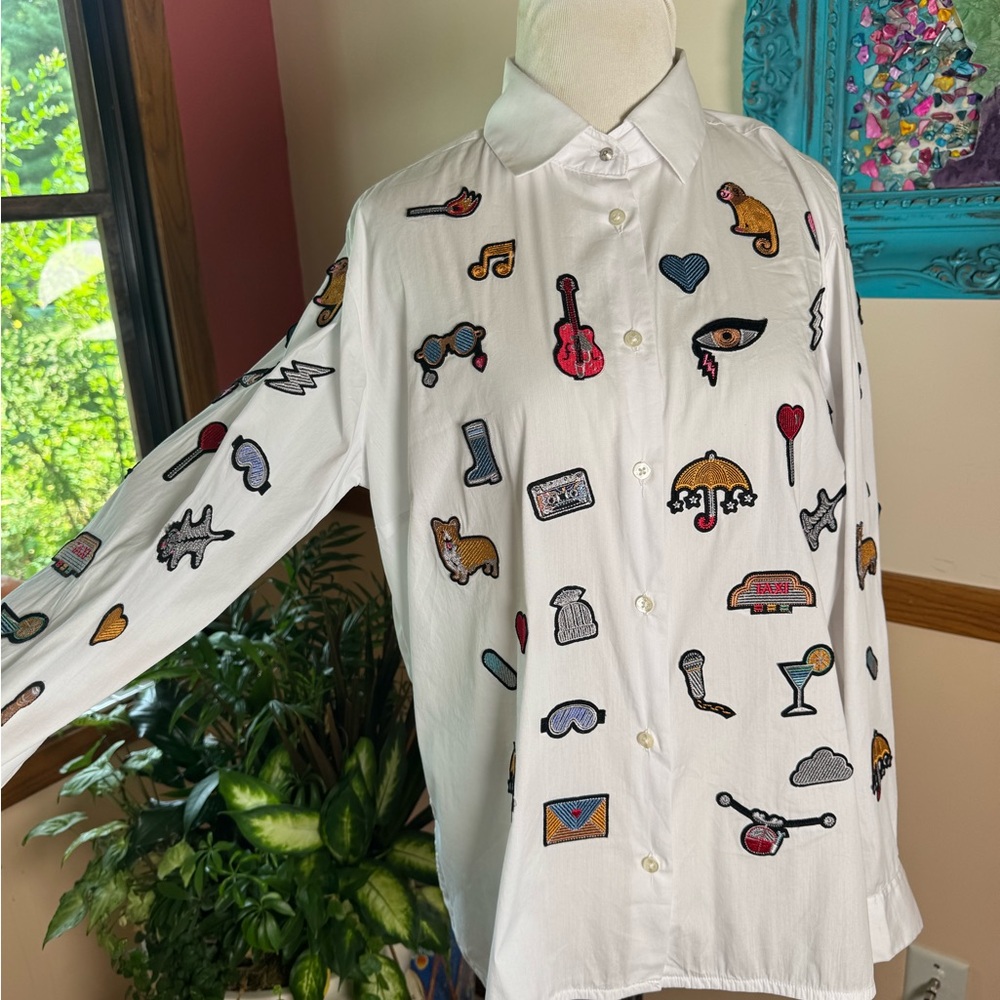 Vilagallo Embroidered Women's White Button Down Top Size EU 42 US 12 Playful